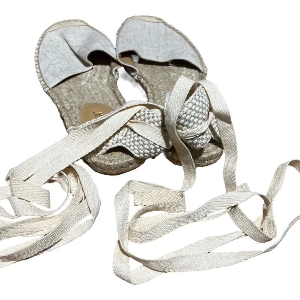 J Crew Shoes WMNS 7.5 D'Orsay‎ Lace-up Espadrilles Beige Gold AX839 Classic Tie